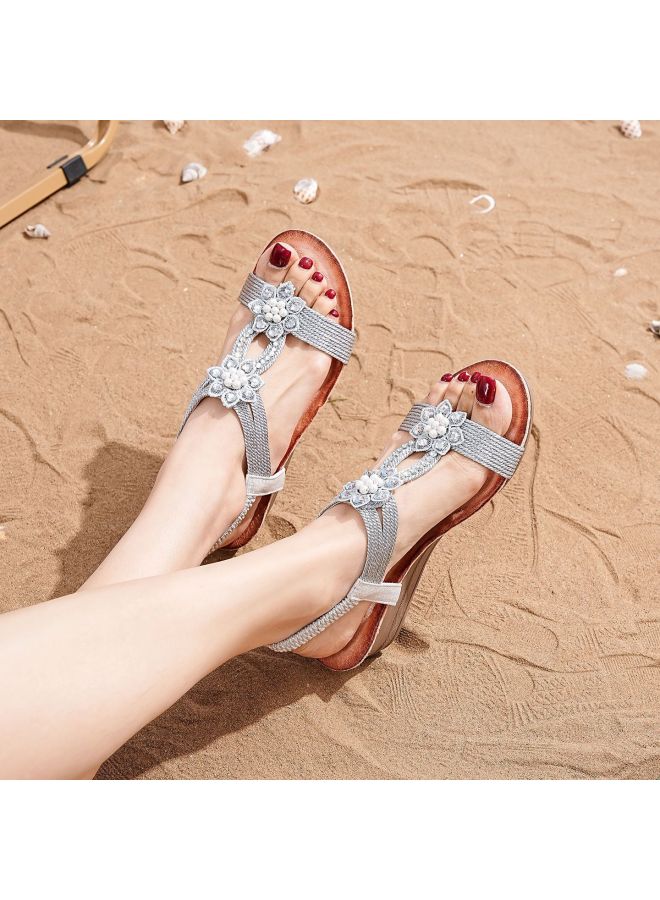 255-2 New Model  Ethnic Style  Retro Wooden Buckle Elastic Band Rhinestone Wedge Heel