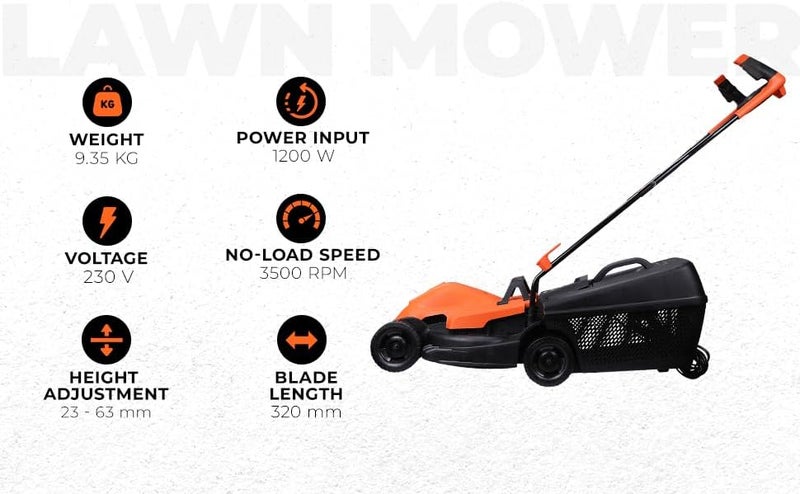 بلاك اند ديكر جزازة العشب BLACK+DECKER، 1200W، عرض قطع 32 سم، مقود الدراجة، صندوق جمع 35 لتر، خفيفة الوزن، سهولة المناورة، مصممة للراحة والتحكم، برتقالي/أسود - BEMW451BH-GB - Image 2
