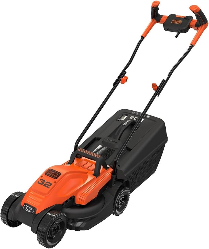 بلاك اند ديكر جزازة العشب BLACK+DECKER، 1200W، عرض قطع 32 سم، مقود الدراجة، صندوق جمع 35 لتر، خفيفة الوزن، سهولة المناورة، مصممة للراحة والتحكم، برتقالي/أسود - BEMW451BH-GB - Image 1