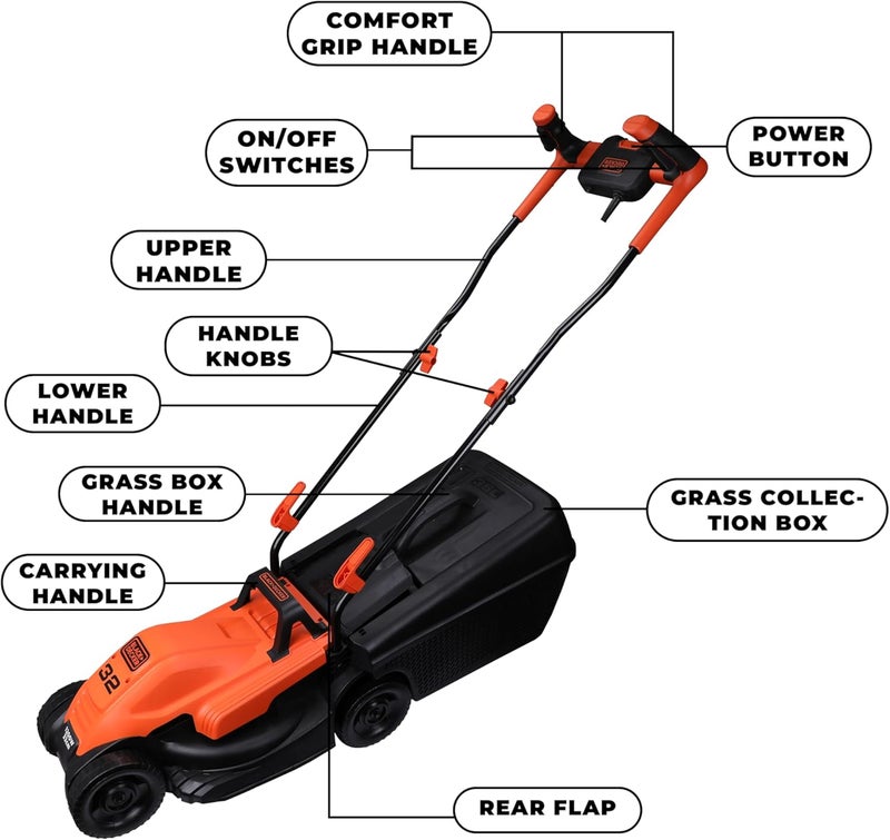 بلاك اند ديكر جزازة العشب BLACK+DECKER، 1200W، عرض قطع 32 سم، مقود الدراجة، صندوق جمع 35 لتر، خفيفة الوزن، سهولة المناورة، مصممة للراحة والتحكم، برتقالي/أسود - BEMW451BH-GB - Image 3