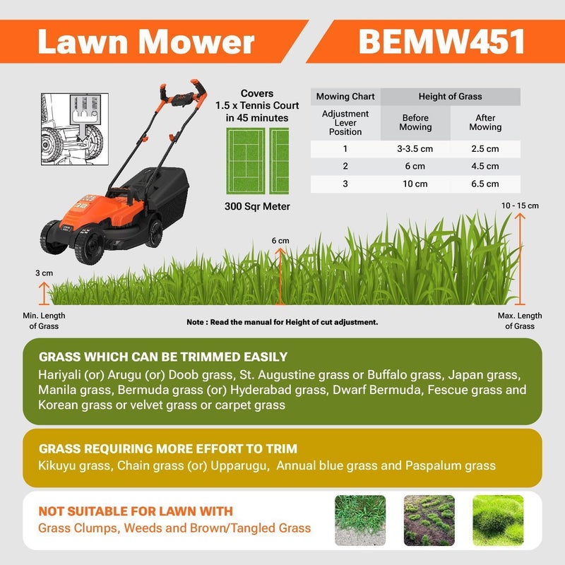 بلاك اند ديكر جزازة العشب BLACK+DECKER، 1200W، عرض قطع 32 سم، مقود الدراجة، صندوق جمع 35 لتر، خفيفة الوزن، سهولة المناورة، مصممة للراحة والتحكم، برتقالي/أسود - BEMW451BH-GB - Image 4