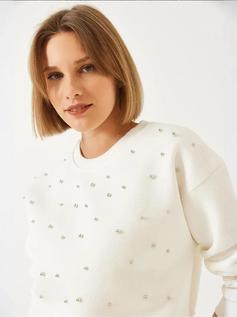 Bianco Lucci Beige Natural LUCCI Patterned Crew Neck Pullover with Pompom for Women | Best Price UAE