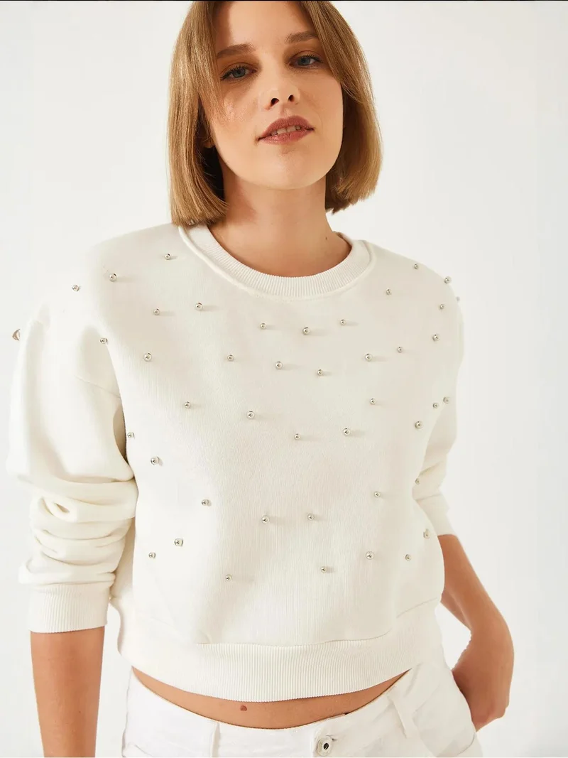 Bianco Lucci Beige Natural LUCCI Patterned Crew Neck Pullover with Pompom for Women | Best Price UAE