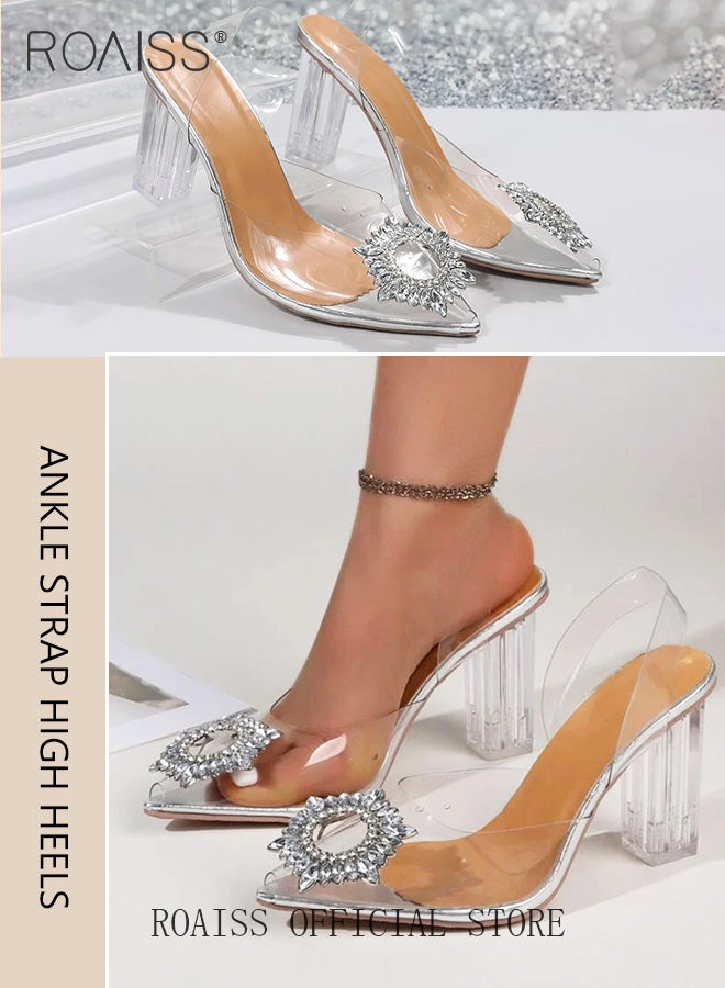 roaiss Women's Transparent Rhinestone Slingback Pointed Toe Thick High Heel Sandals Breathable Party and Banquet Shoes - Image 4