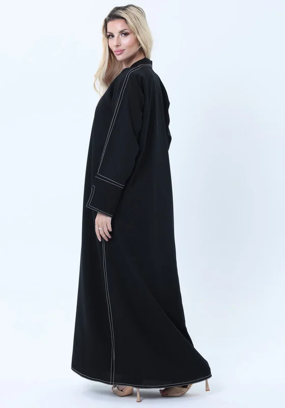 MSquare Fashion Professional Black Abaya with White Contrast Stitching, Slit Sleeves and Matching Headscarf