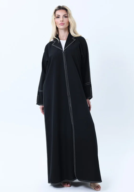 MSquare Fashion Professional Black Abaya with White Contrast Stitching, Slit Sleeves and Matching Headscarf