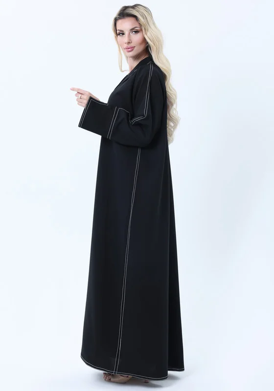 MSquare Fashion Professional Black Abaya with White Contrast Stitching, Slit Sleeves and Matching Headscarf