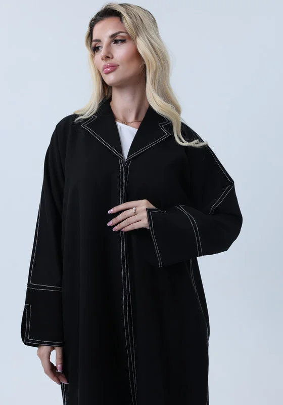 MSquare Fashion Professional Black Abaya with White Contrast Stitching, Slit Sleeves and Matching Headscarf