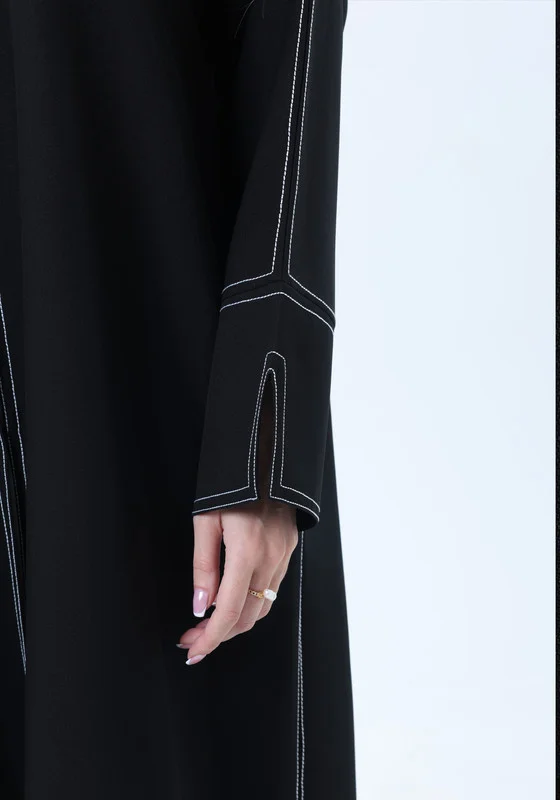MSquare Fashion Professional Black Abaya with White Contrast Stitching, Slit Sleeves and Matching Headscarf