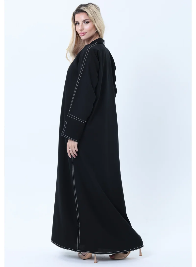 MSquare Fashion  Professional Black Abaya with White Contrast Stitching, Slit Sleeves and Matching Headscarf for Women | Best Price UAE
