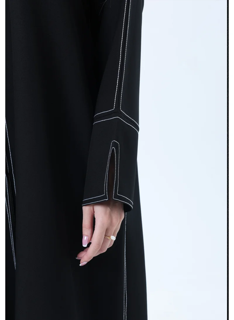 MSquare Fashion  Professional Black Abaya with White Contrast Stitching, Slit Sleeves and Matching Headscarf for Women | Best Price UAE
