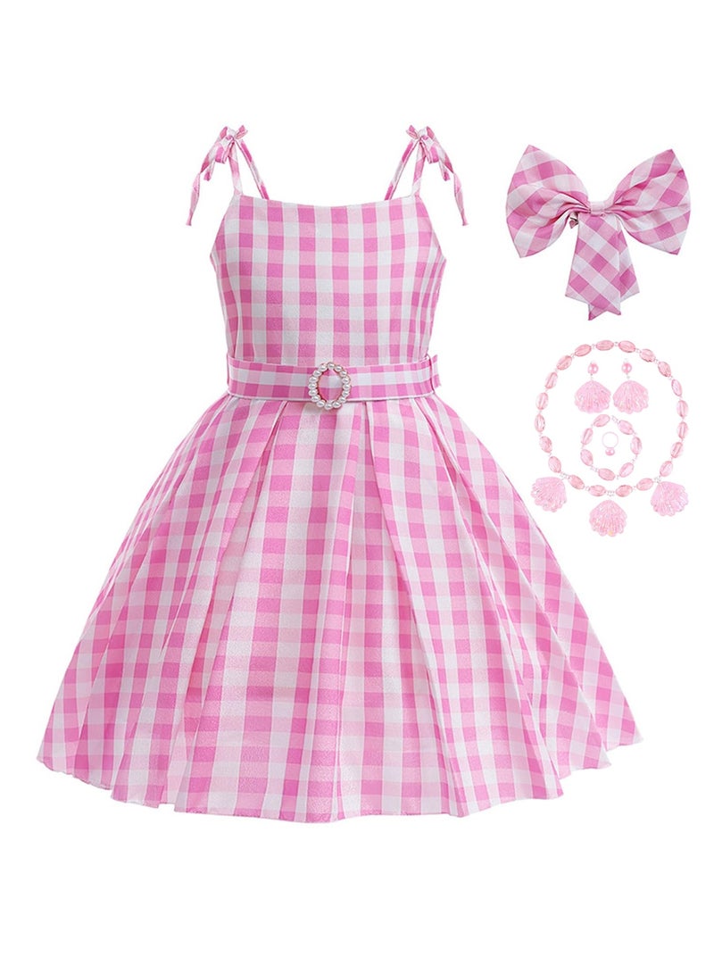 Movie Barbie Dress Up Cosplay Costume Kids Barbie Princess Dress Girls Suspender Plaid Waist Skirt with Necklace Bracelet Ring Earrings  - Image 1