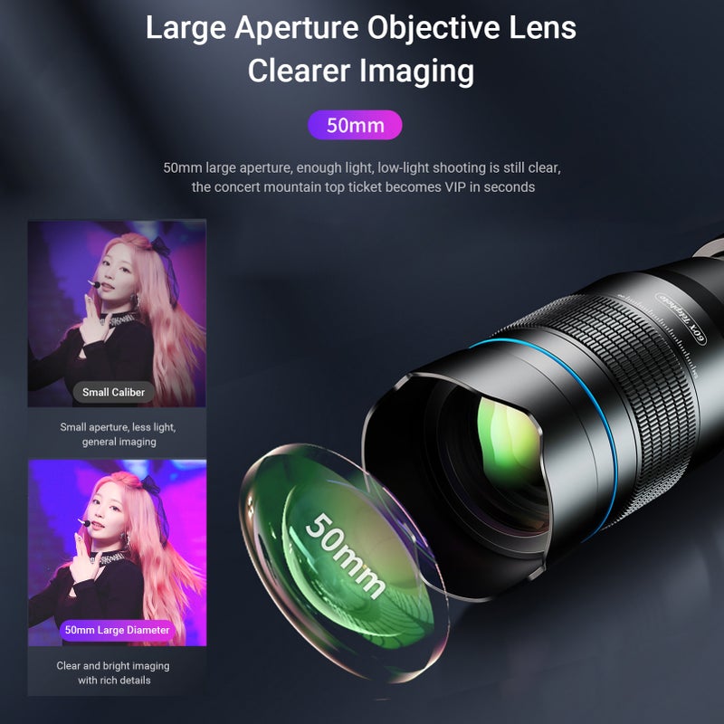 آبيكسل منظار أحادي العين معدني APEXEL APL-60XFR50 بدقة 4K بدقة عالية بتكبير 60 مركبة وتعدسة رؤية بعيدة قطرها 50 مم مع طلاء متعدد الطبقات مع قائم ركيزة وملقف هاتف لرصد الطيور/رصد النجوم/الصيد/الترفيه في المخيم/الركض في الجبال/السفر - Image 5