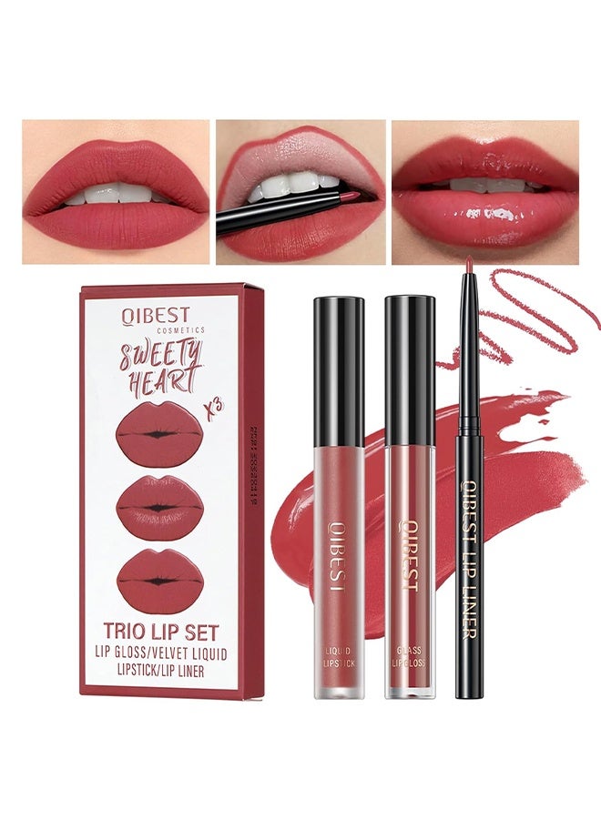 QiBest Trio Lip Set,All In One Lip Kit 3 In 1 Smooth Lipliner Lipgloss and Lipstick Set with Matte Velvet Liquid Lipstick Hydrating Moisturizing Lip Gloss and Creamy Lip Liner #04 Sweety Heart - Image 1