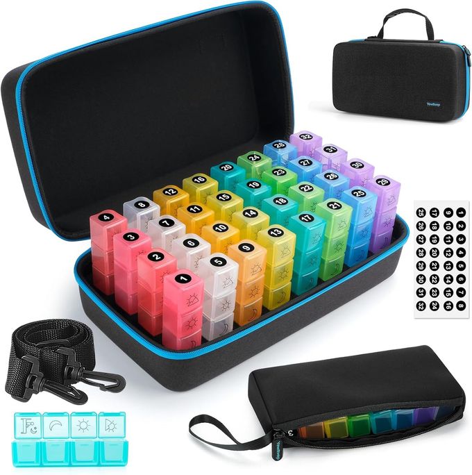 Yewltvep Monthly Pill Organizer 4 Times a Day, Pill Box Organizer with 32 Daily Compartments, 30 Day Pill Organizer 4 Times a Day Pill Holder with Hard Shell Travel Case+Weekly Pill Bag 4 Times a Day - Image 2