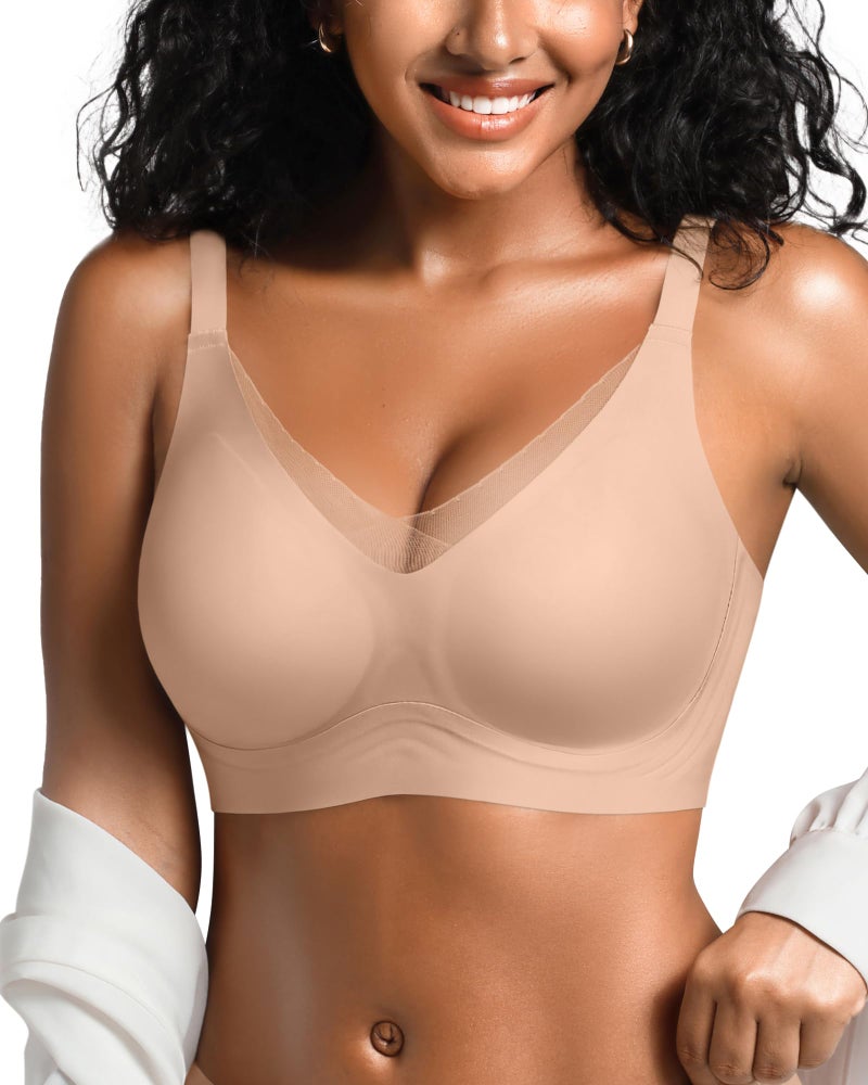 DEANGELMON Seamless Bras for Women No Underwire Supportive T Shirt Bra Wireless Comfortable Mesh V Neck Push Up Bralette(Coffee,L) - Image 1