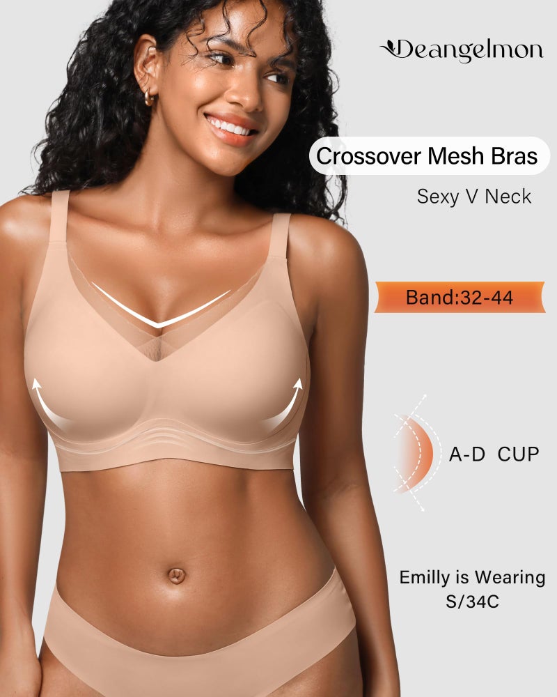 DEANGELMON Seamless Bras for Women No Underwire Supportive T Shirt Bra Wireless Comfortable Mesh V Neck Push Up Bralette(Coffee,L) - Image 3