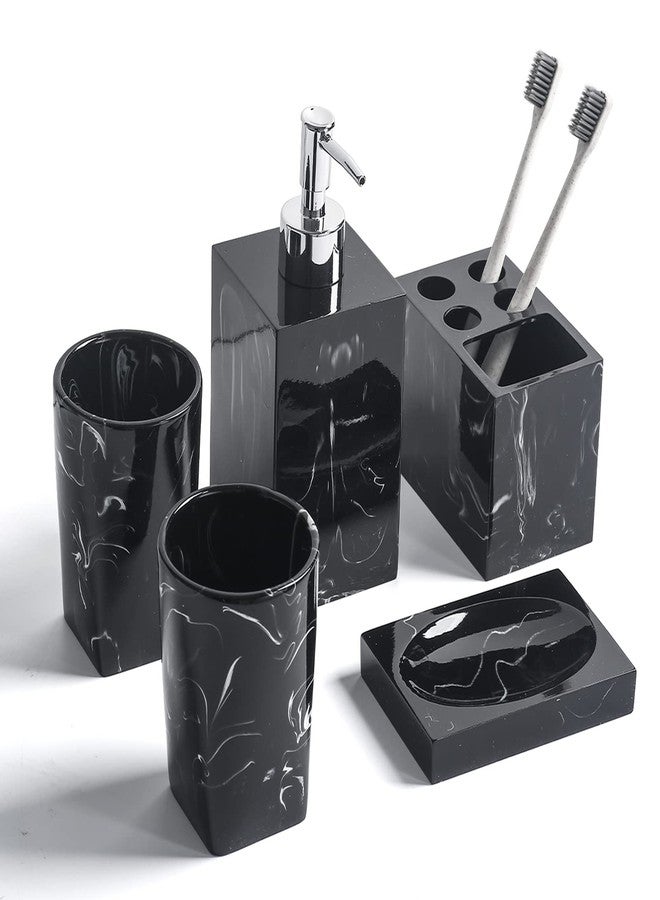 Jung Ford 5-Piece Bathroom Counter Top Accessory Set - Dispenser for Liquid Soap or Lotion, Soap Dish, Toothbrush Holder and 2 Tumblers, Marble Pattern Resin (Ink Black) - Image 1