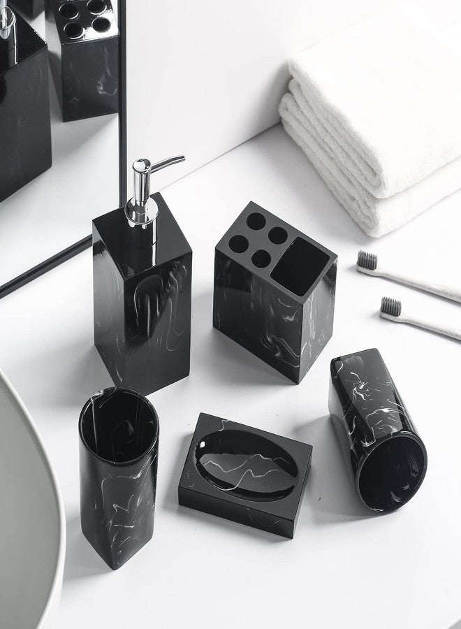 Jung Ford 5-Piece Bathroom Counter Top Accessory Set - Dispenser for Liquid Soap or Lotion, Soap Dish, Toothbrush Holder and 2 Tumblers, Marble Pattern Resin (Ink Black) - Image 2