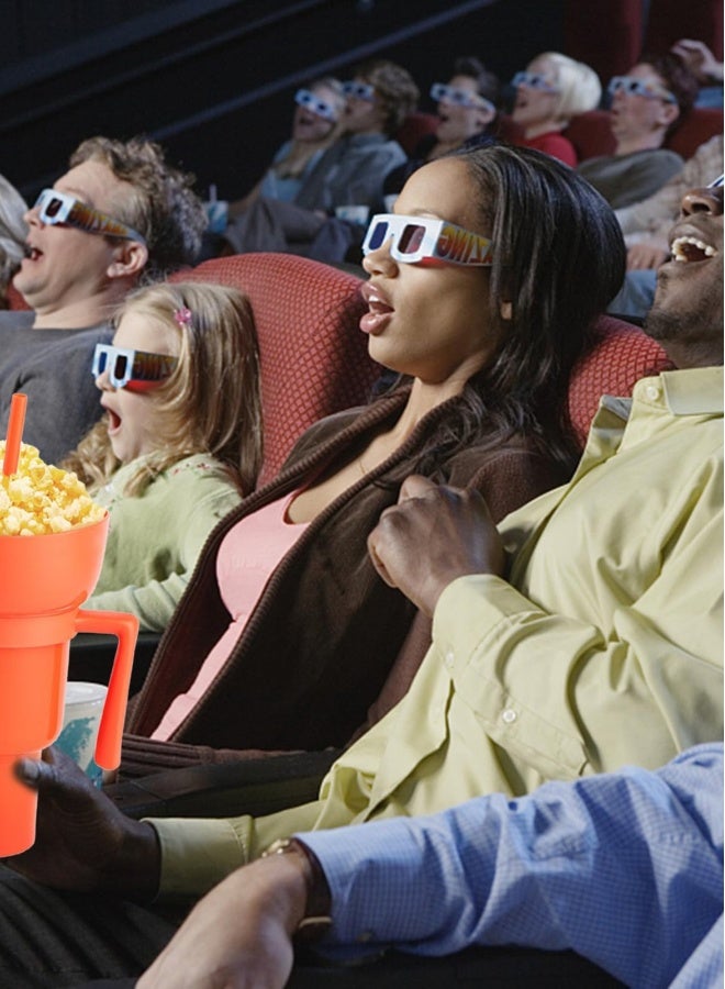 كوب ستاديوم مع وعاء للوجبات الخفيفة، كوب وجبة خفيفة 2 في 1 مع قشة، كوب مضاد للتسرب للوجبات الخفيفة، كوب قابل لإعادة الاستخدام للوجبات الخفيفة والمشروبات للبالغين والأطفال - Image 4