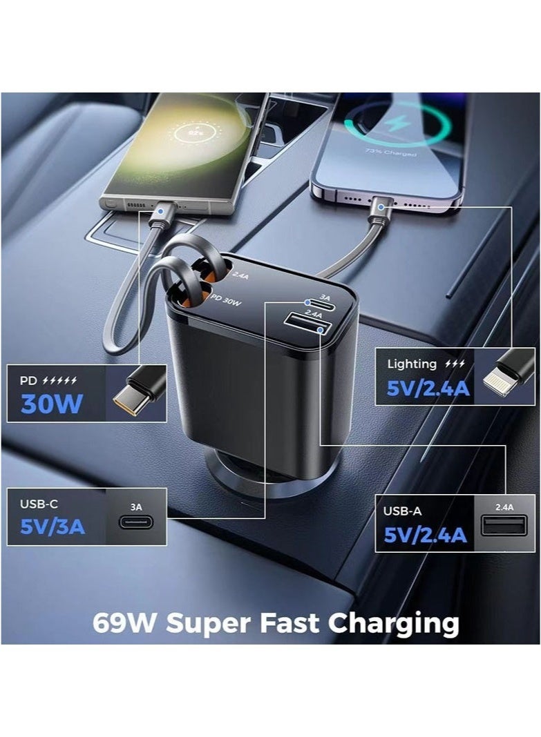 Beauenty Retractable Car Charger 120W Super Fast Charging 4 in 1 Car Charger for iPhone Type C Car Bluetooth USB Charger Plug for iPhone, Samsung, Galaxy, Huawei, Xiaomi - Image 3