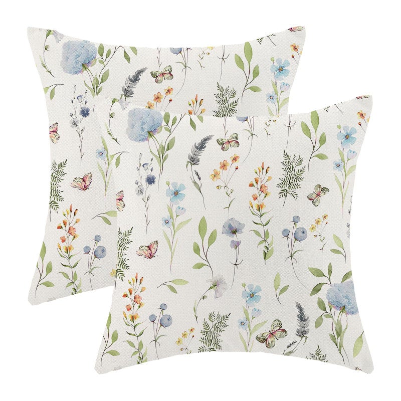 AEIOAE Spring Pillow Covers 18x18 Inch Set of 2, Sage Green Blue Wild Flower Throw Pillows Case,Colorful Seasonal Floral Plant Outdoor Decorative Farmhouse Decor Cushion Covers for Home Sofa Bed Couch - Image 1