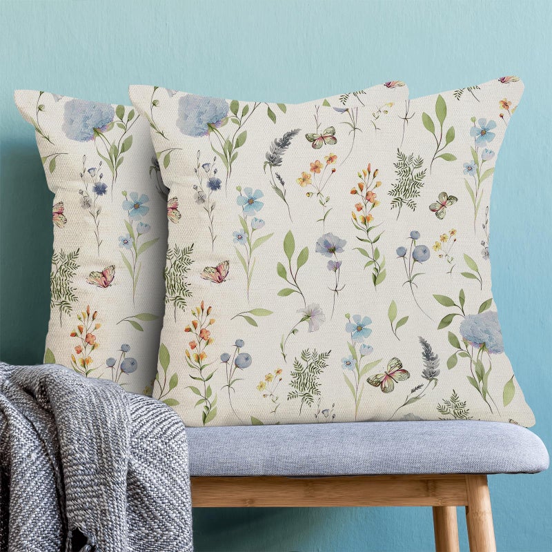 AEIOAE Spring Pillow Covers 18x18 Inch Set of 2, Sage Green Blue Wild Flower Throw Pillows Case,Colorful Seasonal Floral Plant Outdoor Decorative Farmhouse Decor Cushion Covers for Home Sofa Bed Couch - Image 2