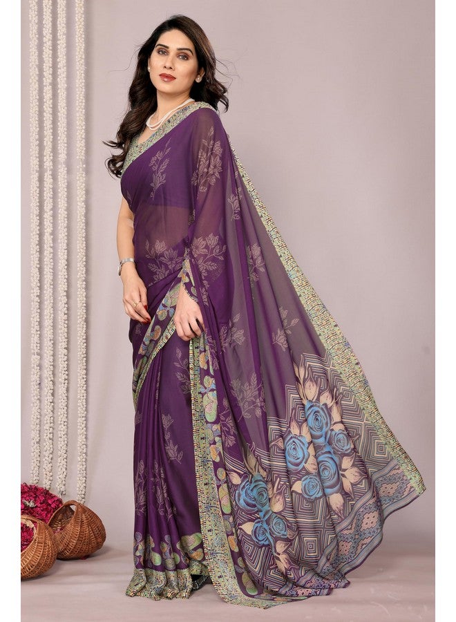 MIRCHI FASHION MIRCHI FASHION Chiffon Georgette Floral Print Sarees for Women with Blouse Piece (Dark Wine, Dusty Green, Yellow, Blue)  - Image 2