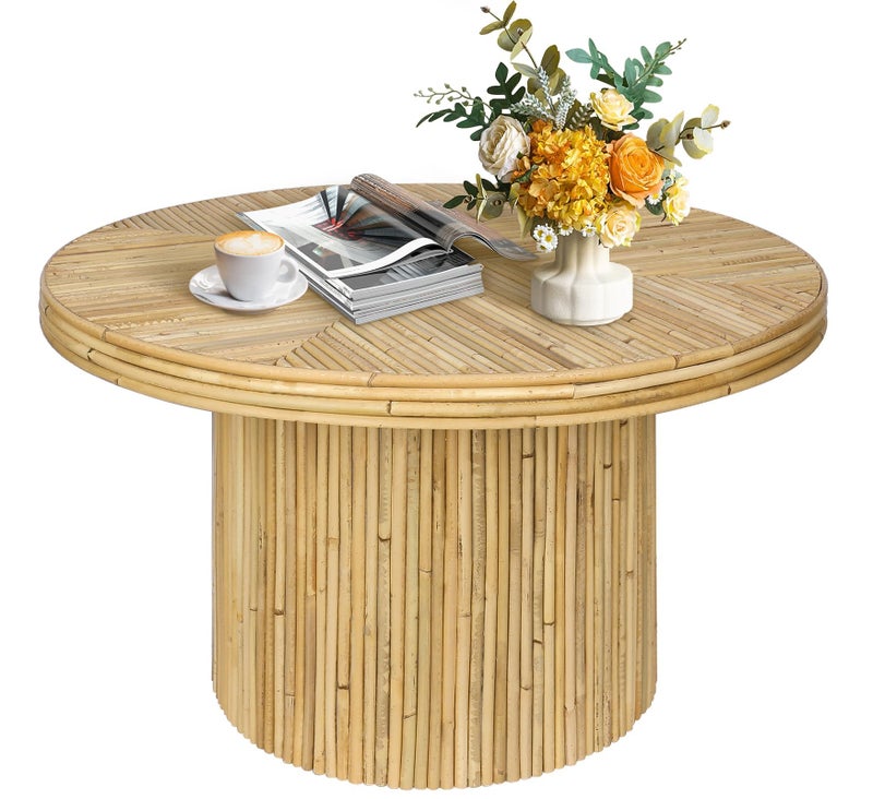 ZYBT Round Rattan Coffee Table - Mid Century Modern, Boho Circle, Unique, Rustic Center Table for Living Room - Image 1