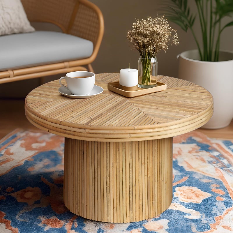 ZYBT Round Rattan Coffee Table - Mid Century Modern, Boho Circle, Unique, Rustic Center Table for Living Room - Image 4