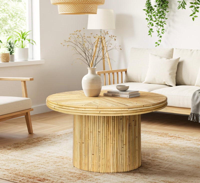 ZYBT Round Rattan Coffee Table - Mid Century Modern, Boho Circle, Unique, Rustic Center Table for Living Room - Image 5