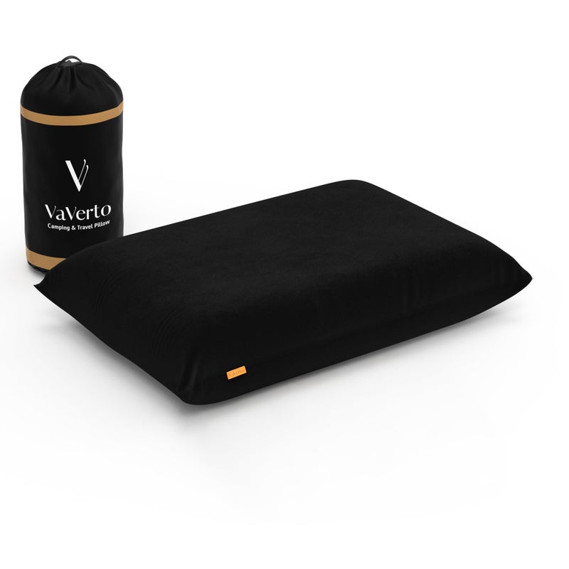 Vaverto Black Travel and Camping Pillow  Compressible Medium Firm Memory Foam Viscose Made from Bamboo Cover Machine Washable Ideal for Backpacking Airplane Car Travel