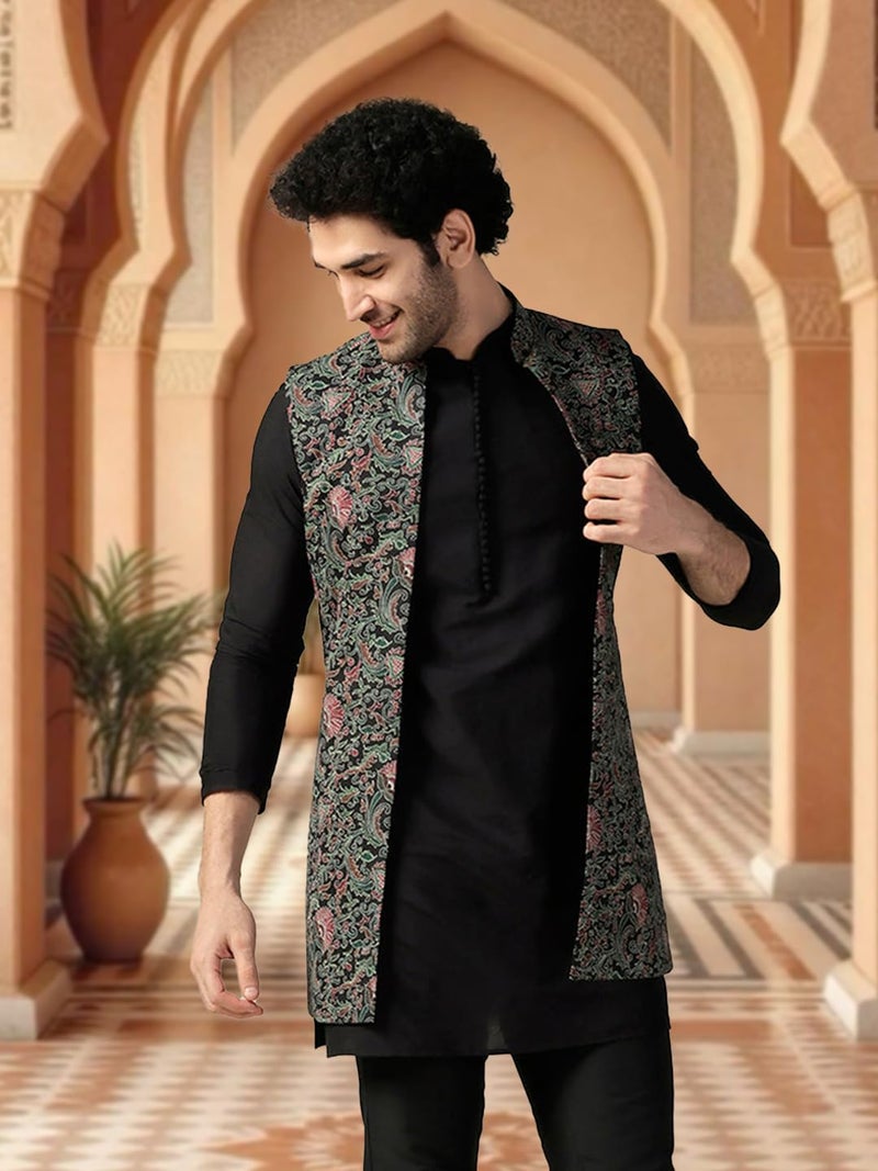 KISAH Men's Kurta Jacket Trouser Set, Multi Cotton Blend, Printed Regular Fit Mandarin Collar Long Sleeves|44 - Image 5