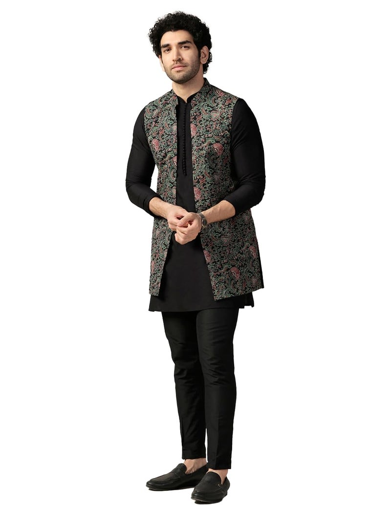 KISAH Men's Kurta Jacket Trouser Set, Multi Cotton Blend, Printed Regular Fit Mandarin Collar Long Sleeves|44 - Image 1