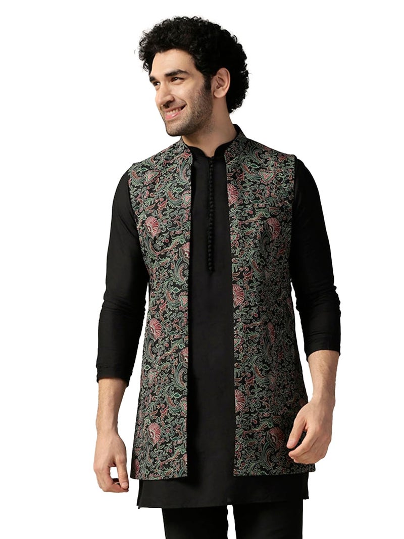 KISAH Men's Kurta Jacket Trouser Set, Multi Cotton Blend, Printed Regular Fit Mandarin Collar Long Sleeves|44 - Image 2