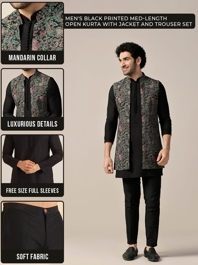 KISAH Men's Kurta Jacket Trouser Set, Multi Cotton Blend, Printed Regular Fit Mandarin Collar Long Sleeves|44 - Image 3