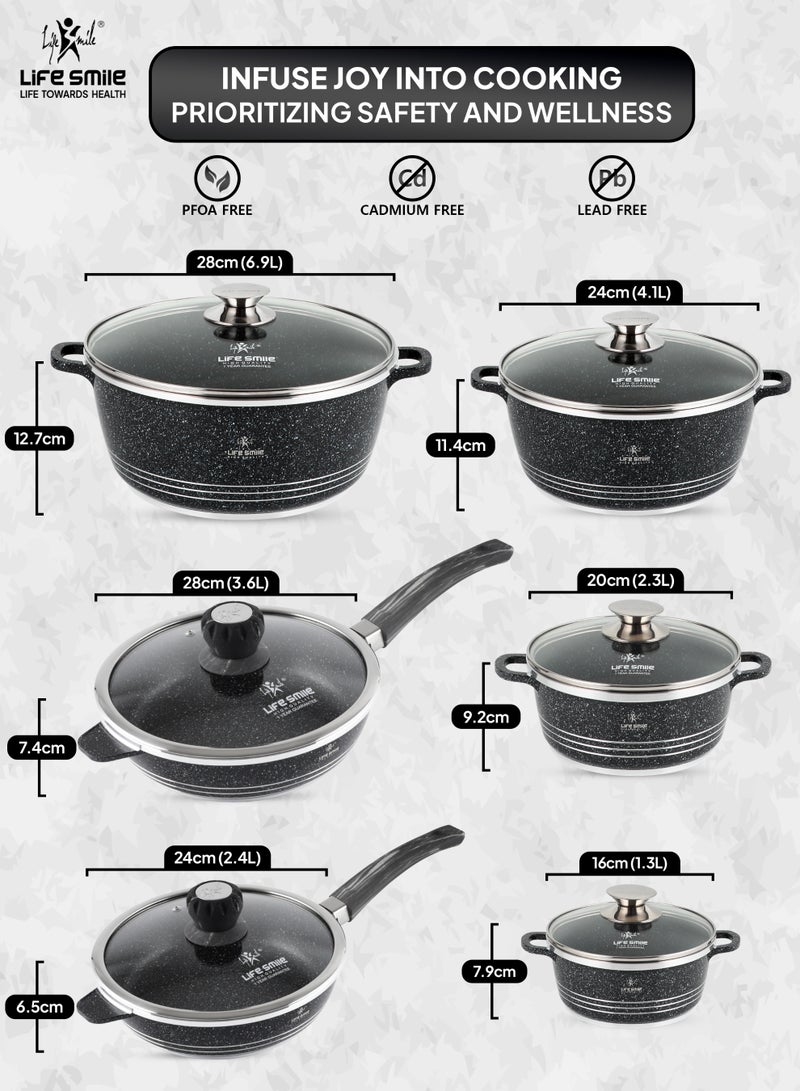 Life Smile 12-Piece Nonstick Granite Cookware Set – Pots & Pans with Lids, 16/20/24/28cm Casseroles, 24/28cm Nonstick Frying Pans, 100% PFOA-Free Cooking Set - Image 2