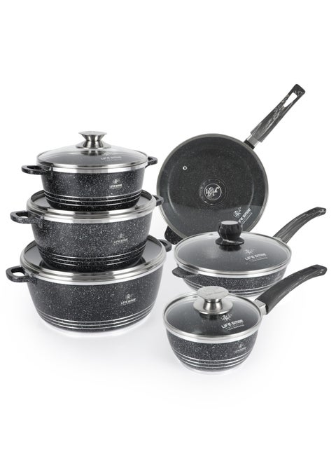 12Pcs Pots and Pans Set, Non-Stick Cookware Sets-Black Granite Cookwares, Cooking Set Non-Stick Includes Casserole 20/24/28cm, Frying Pan 24/28cm & Saucepan 16cm with Lid (PFOS, PFOA Free)