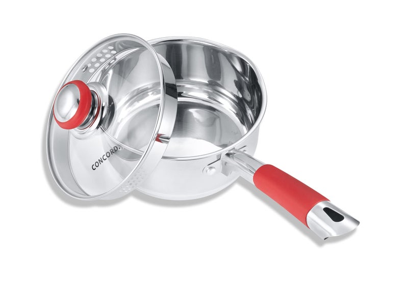 Concord 2 Quart Stainless Steel Saucepan with SIMPLE POUR Vented Glass Lid Features Dual Pouring Spouts and Volume Marking Perfect for making Sauces Jam Ramen and more
