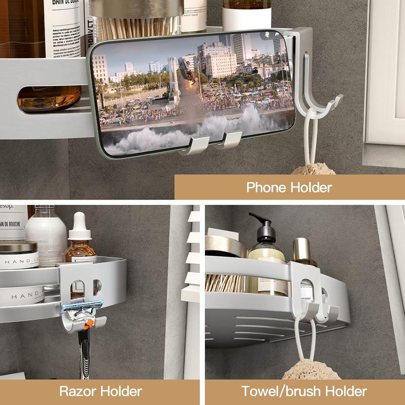Voldra Shower Caddy with 4 Hooks, Adhesive Corner Shower Shelf with Razor Holder, Rustproof Shower Storage, Silver 2 Pack - Image 3