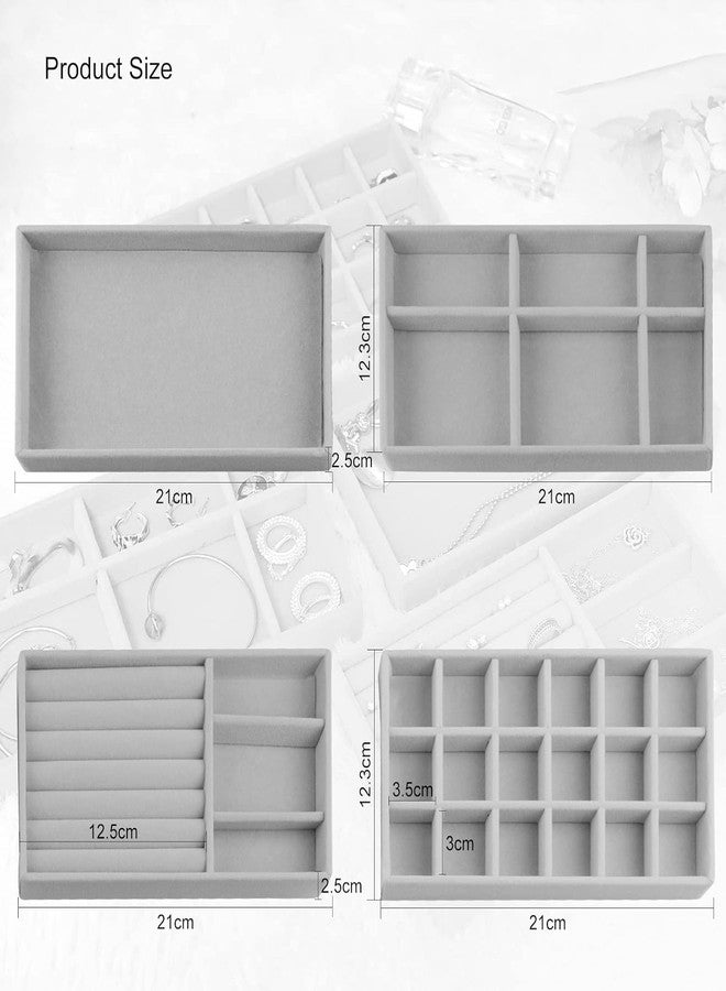 Lemoza 4 Jewellery Trays Velvet Jewellery Organiser Drawer Removable Jewellery Storage Stackable Drawer Insert for Women Girls Ring Display Organiser Jewellery Box Jewellery Box (Grey) - Image 2