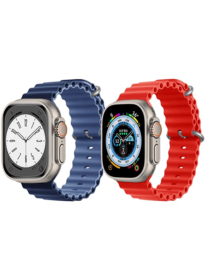 IAF Silicone Ocean Band Strap for Apple Watch Ultra 8 49mm Navy Blue/Blue Double Side Strap with Red Single Color Strap Set of 2
