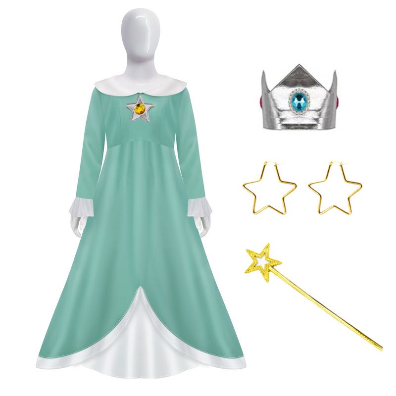 Rosalina Cosplay Dress Super Mario Galaxy Princess Costume Green dress [Skirt + crown + Magic Stick + earrings]] 