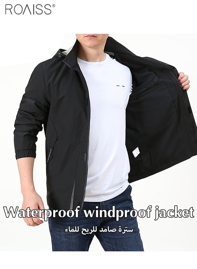 roaiss Men's Outdoor Windproof Hooded Jacket Multi Pocket Detachable Hat Coat Zipper Closure Waterproof Sports Jacket  - Image 4
