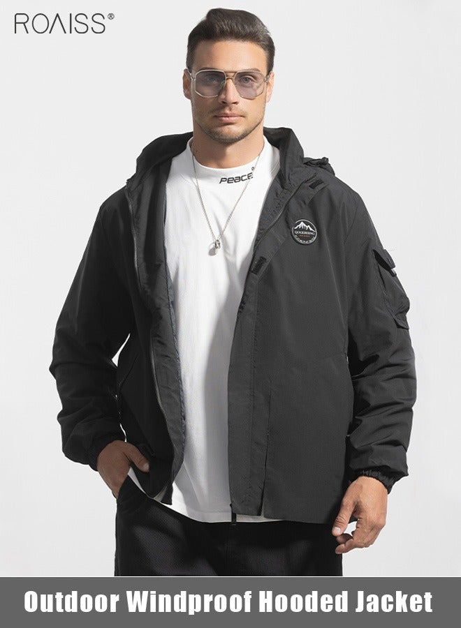 roaiss Men's Outdoor Windproof Hooded Jacket Multi Pocket Detachable Hat Coat Zipper Closure Waterproof Sports Jacket  - Image 1