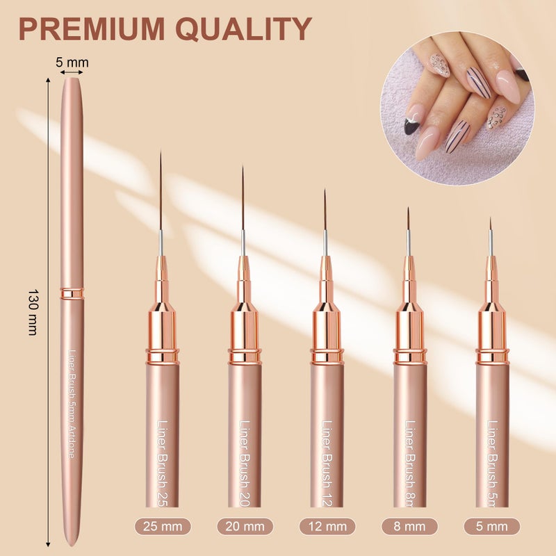 Artdone Metallic Nail Art Pens, Liner Brushes Set, 5PCS Copper Color Nail Tools For Long Lines, Thin Details, Fine Drawing, Liner Brush UV Gel Polish Painting Nail Design Sizes 5/8/12/20/25mm - Image 2