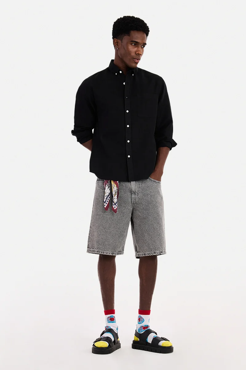سنيتش Black Solid Long Sleeve Regular Fit Casual Shirt
