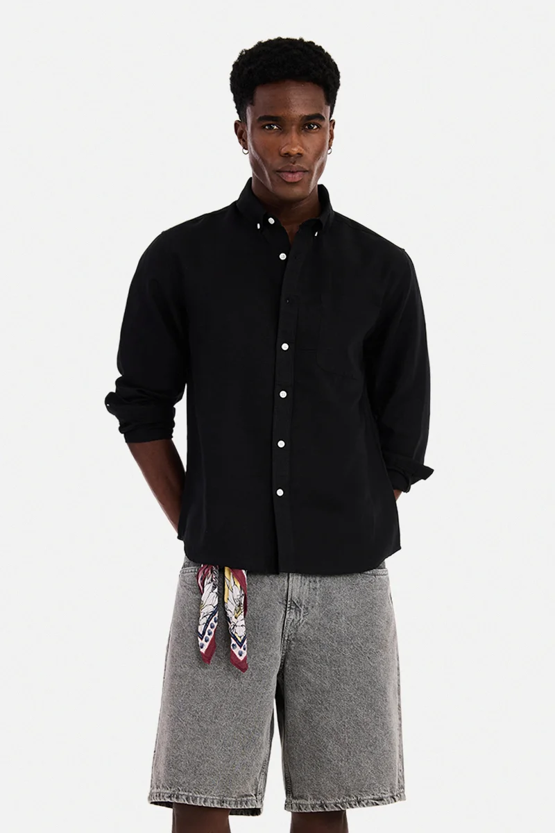 سنيتش Black Solid Long Sleeve Regular Fit Casual Shirt