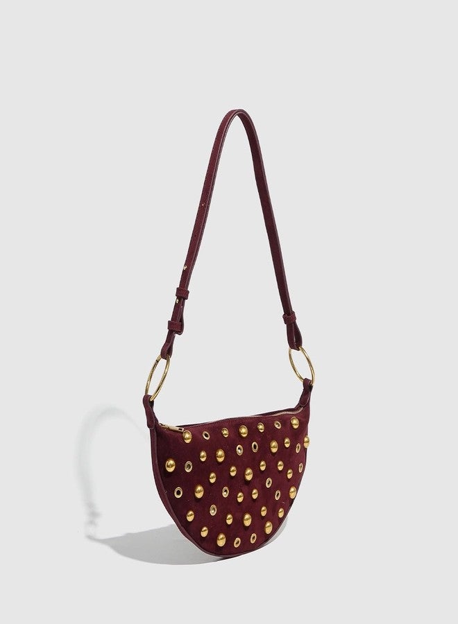 JHTPSLR Studded Shoulder Purses for Women Gold Studs Punk Rock Y2k Suede Purse Handbags Trendy Purse 2025 (Wine Red) - Image 3