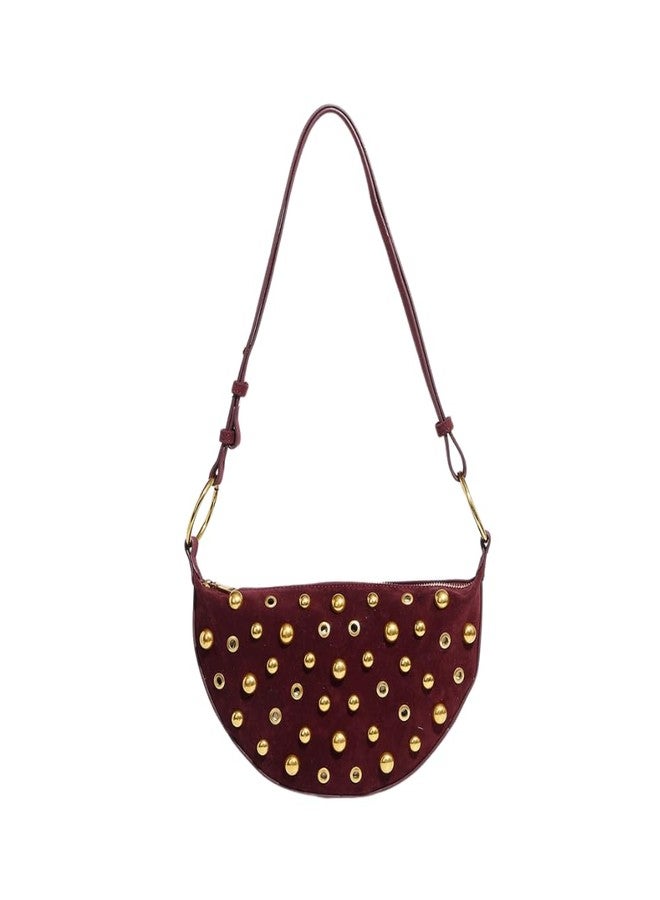 JHTPSLR Studded Shoulder Purses for Women Gold Studs Punk Rock Y2k Suede Purse Handbags Trendy Purse 2025 (Wine Red) - Image 1